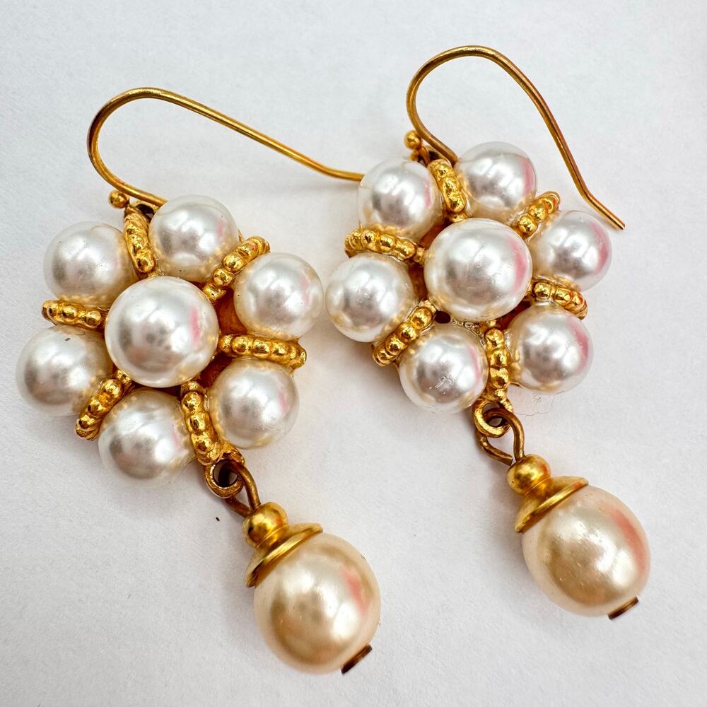 Vintage Signed Ben-Amun Faux Pearl Cluster Drop Dangle Earrings Gold Tone